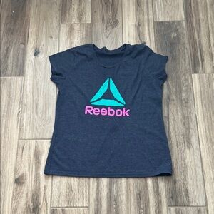 Reebok Women’s blue Heather Tee with Pink and Teal Logo